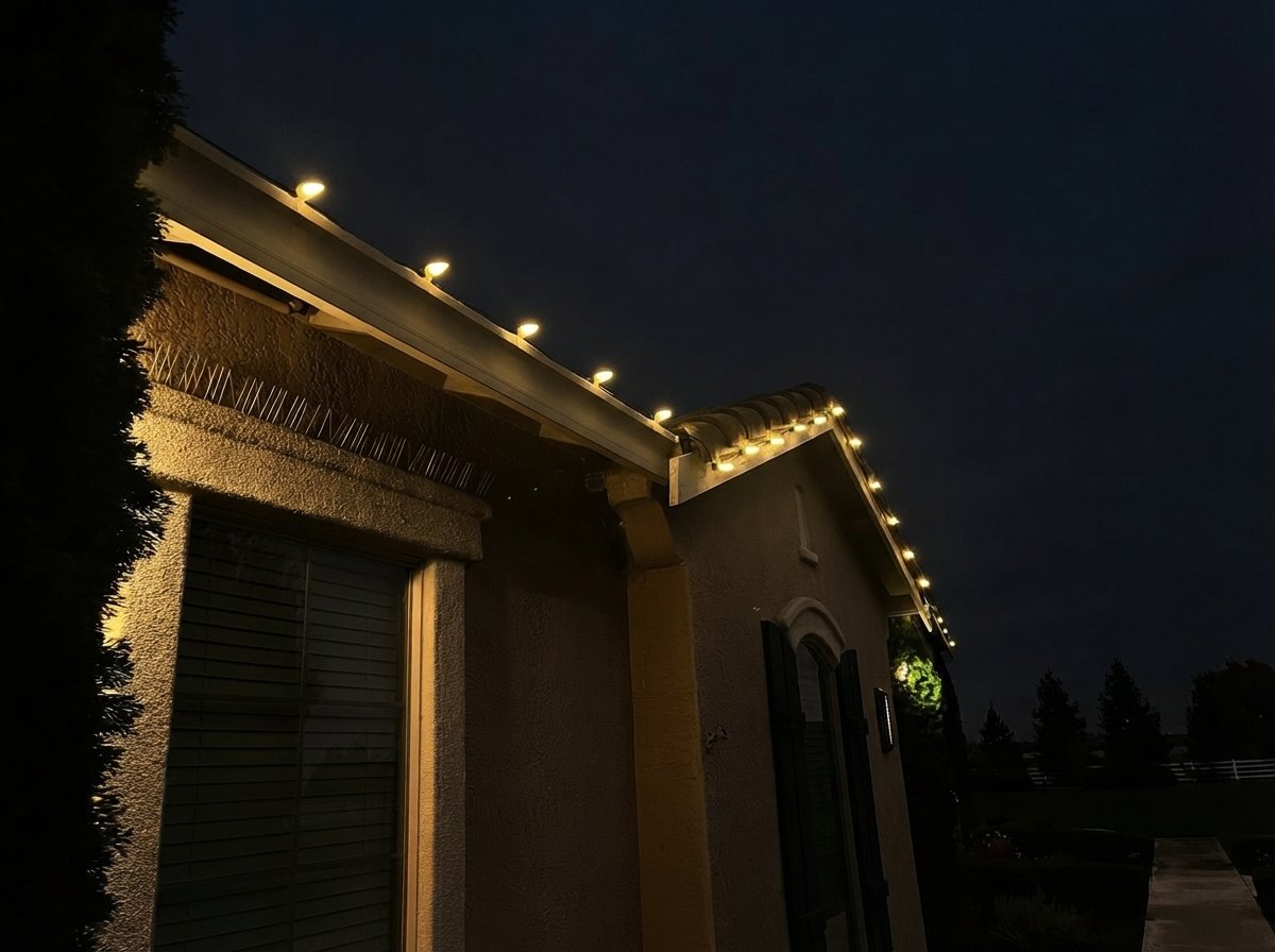 Warm white C9 bulbs evenly spaced along a stucco eave and gable at night